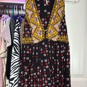 Free People- Floral Patterned Black and Yellow Baby Doll Blouse